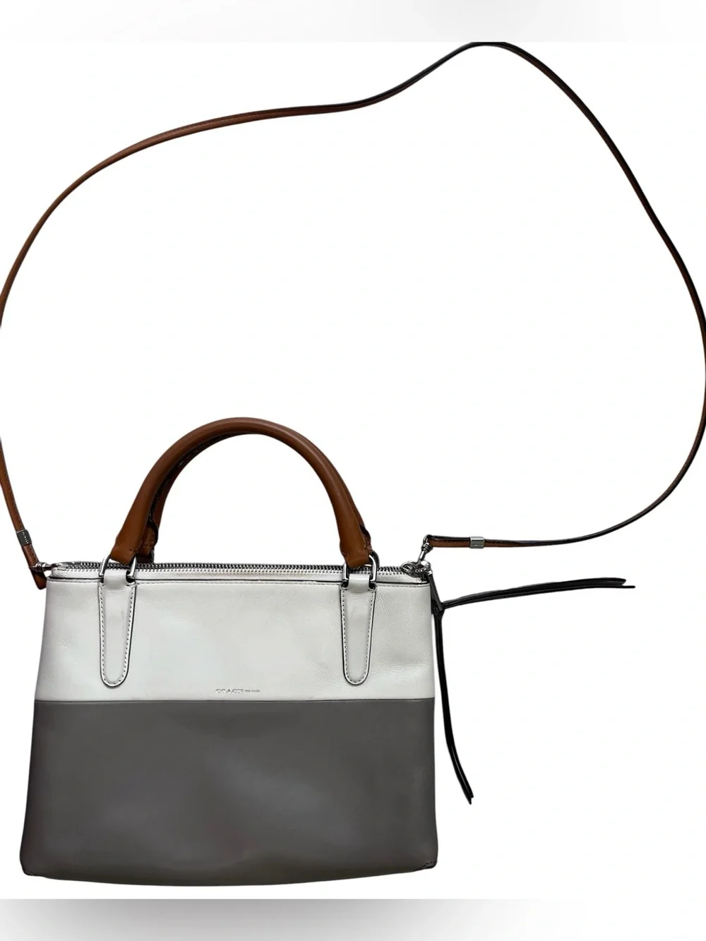 Coach Small Colorblock Leather Crossbody Satchel Gray White Tan Triple Zip Bag